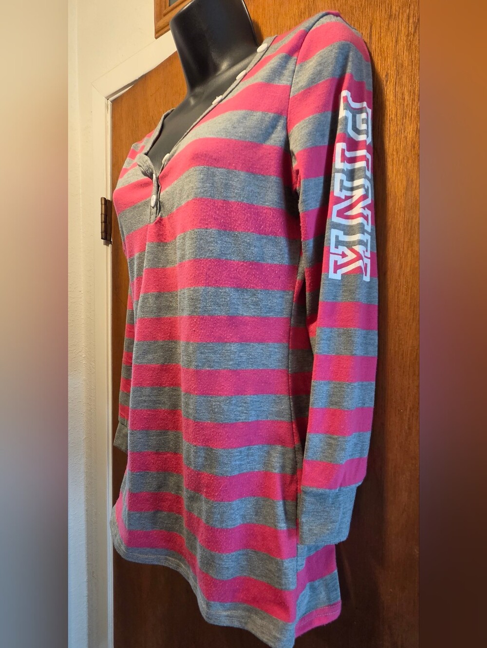 PINK Victoria's Secret Pink & Gray Striped Long-Sleeve Button Henley SzXL - Picture 3 of 10